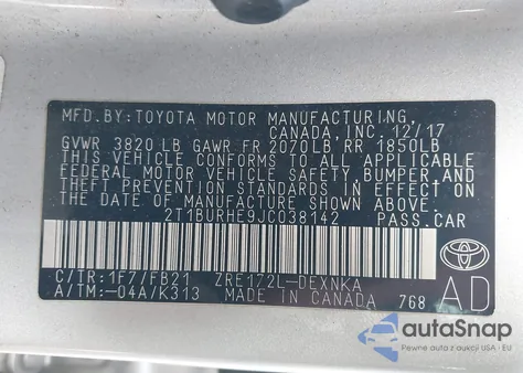 2018 Toyota Corolla Le из США, поврежденный, VIN 2T1BURHE9JC038142